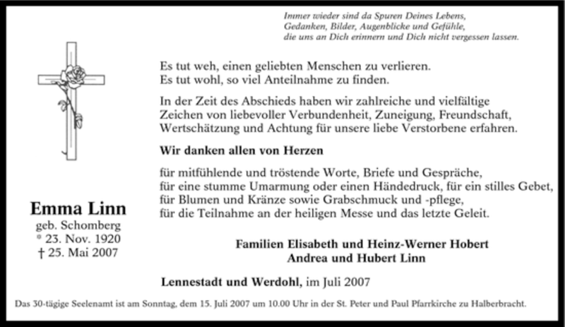  Traueranzeige für Emma Linn vom 10.07.2007 aus Tageszeitung