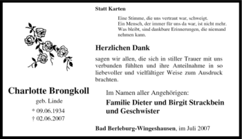 Traueranzeige von Charlotte Brongkoll von Tageszeitung