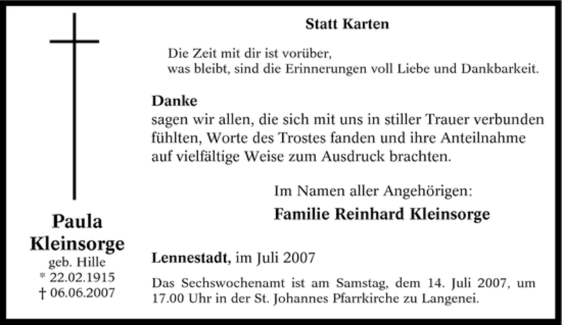  Traueranzeige für Paula Kleinsorge vom 10.07.2007 aus Tageszeitung
