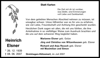 Traueranzeige von Heinrich Elsner von Tageszeitung