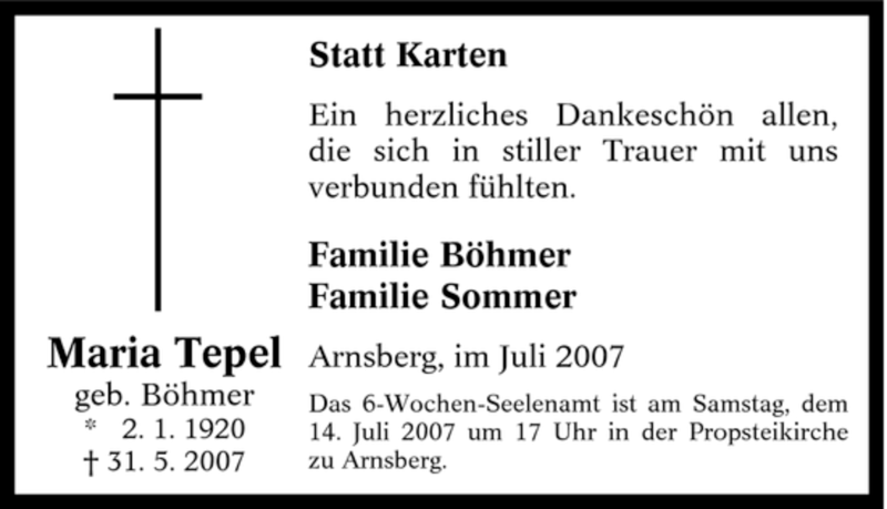 Traueranzeige für Maria Tepel vom 10.07.2007 aus Tageszeitung
