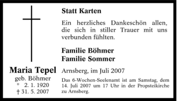 Traueranzeige von Maria Tepel von Tageszeitung
