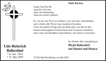Traueranzeige von Udo Heinrich Balkenhol von Tageszeitung