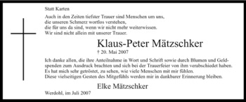 Traueranzeige von Klaus-Peter Mätzschker von Tageszeitung