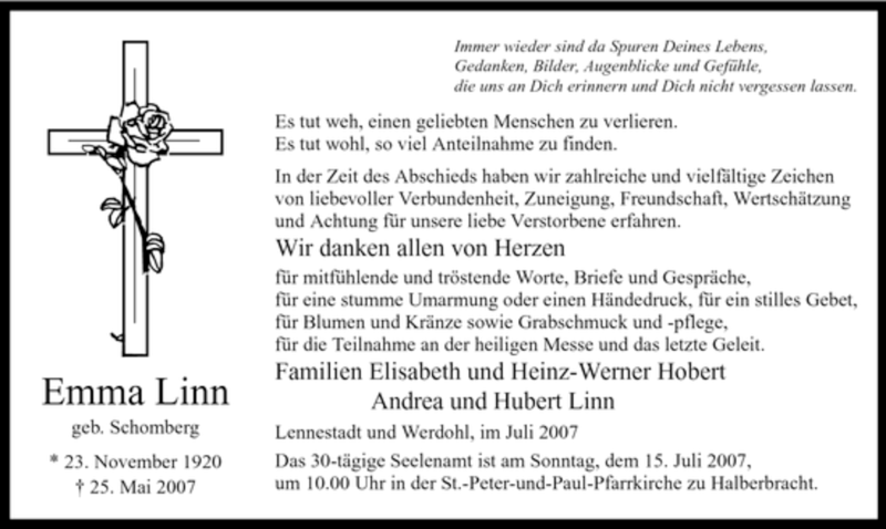  Traueranzeige für Emma Linn vom 11.07.2007 aus Tageszeitung