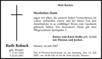 Traueranzeige von Ruth Roback von Tageszeitung