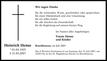Traueranzeige von Heinrich Hense von Tageszeitung