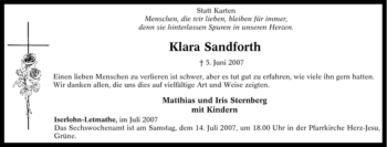 Traueranzeige von Klara Sandforth von Tageszeitung