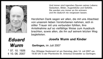 Traueranzeige von Eduard Wurm von Tageszeitung