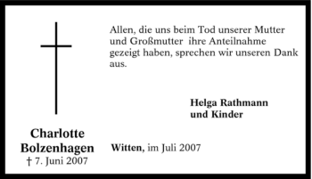 Traueranzeige von Charlotte Bolzenhagen von Tageszeitung