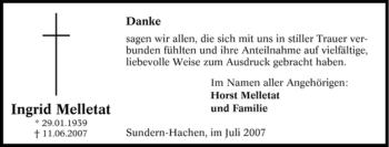Traueranzeige von Ingrid Melletat von Tageszeitung