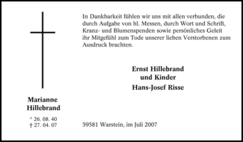 Traueranzeige von Marianne Hillebrand von Tageszeitung