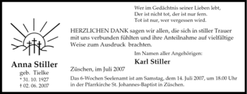 Traueranzeige von Anna Stiller von Tageszeitung