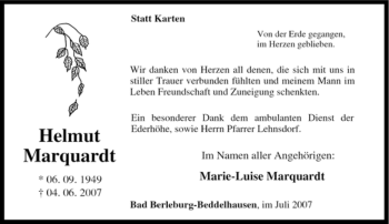 Traueranzeige von Helmut Marquardt von Tageszeitung