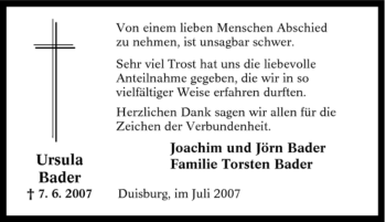 Traueranzeige von Ursula Bader von Tageszeitung