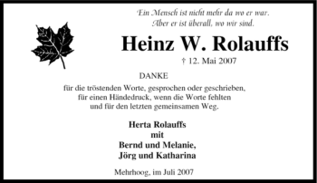 Traueranzeige von Heinz W. Rolauffs von Tageszeitung