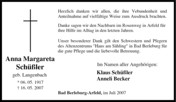 Traueranzeige von Anna Margareta Schüßler von Tageszeitung