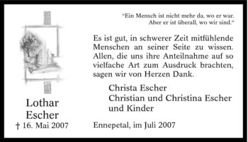 Traueranzeige von Lothar Escher von Tageszeitung