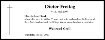 Traueranzeige von Dieter Freitag von Tageszeitung