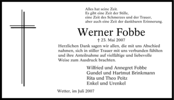 Traueranzeige von Werner Fobbe von Tageszeitung