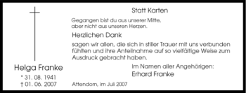 Traueranzeige von Helga Franke von Tageszeitung