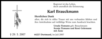 Traueranzeige von Karl Brauckmann von Tageszeitung