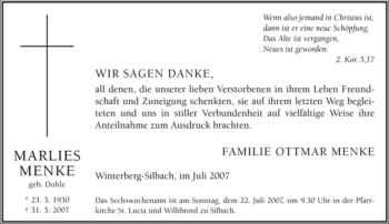 Traueranzeige von Marlies Menke von Tageszeitung