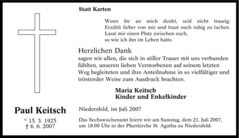 Traueranzeige von Paul Keitsch von Tageszeitung