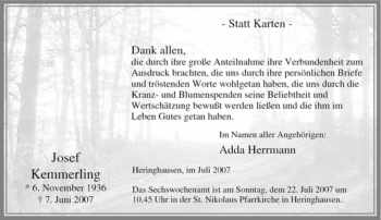 Traueranzeige von Josef Kemmerling von Tageszeitung