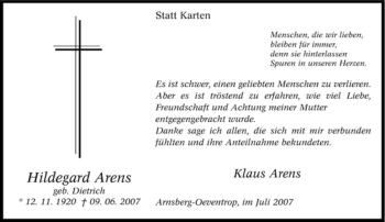 Traueranzeige von Hildegard Arens von Tageszeitung