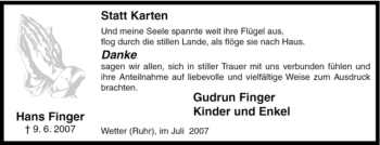 Traueranzeige von Hans Finger von Tageszeitung
