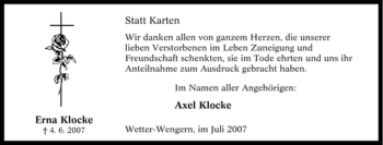 Traueranzeige von Erna Klocke von Tageszeitung