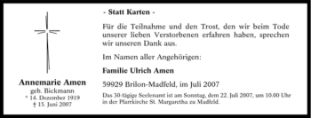 Traueranzeige von Annemarie Amen von Tageszeitung