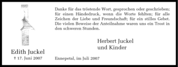 Traueranzeige von Edith Juckel von Tageszeitung