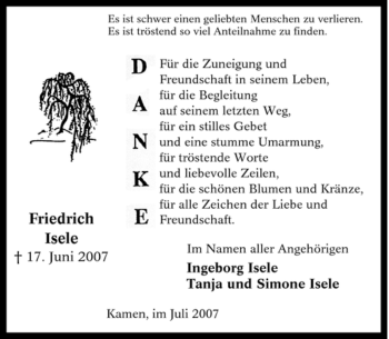 Traueranzeige von Friedrich Isele von Tageszeitung