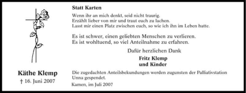  Traueranzeige für Käthe Klemp vom 14.07.2007 aus Tageszeitung