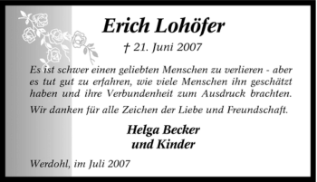 Traueranzeige von Erich Lohöfer von Tageszeitung
