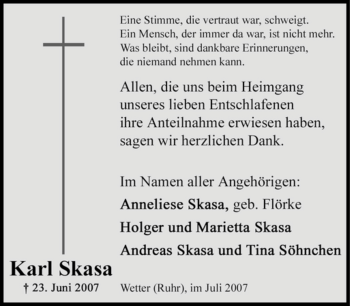 Traueranzeige von Karl Skasa von Tageszeitung