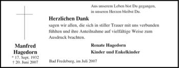 Traueranzeige von Manfred Hagedorn von Tageszeitung
