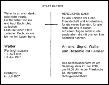 Traueranzeige von Walter Pellinghausen von Tageszeitung