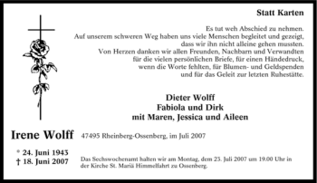 Traueranzeige von Irene Wolff von Tageszeitung