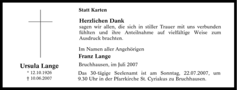  Traueranzeige für Ursula Lange vom 14.07.2007 aus Tageszeitung
