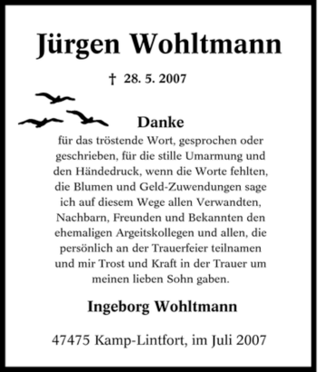 Traueranzeige von Jürgen Wohltmann von Tageszeitung