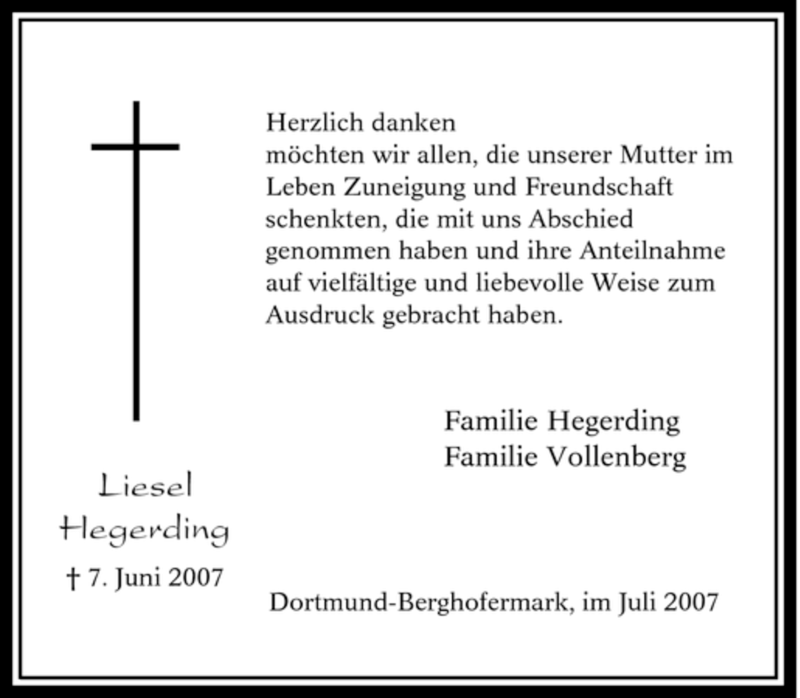  Traueranzeige für Liesel Hegerding vom 14.07.2007 aus Tageszeitung