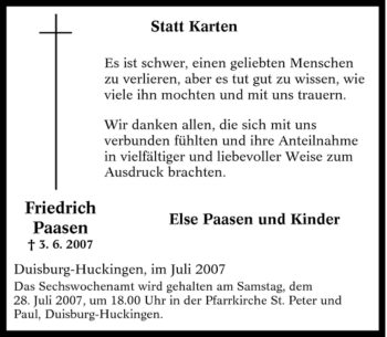 Traueranzeige von Friedrich Paasen von Tageszeitung