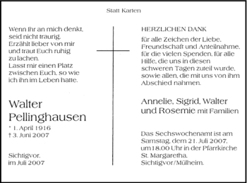 Traueranzeige von Walter Pellinghausen von Tageszeitung
