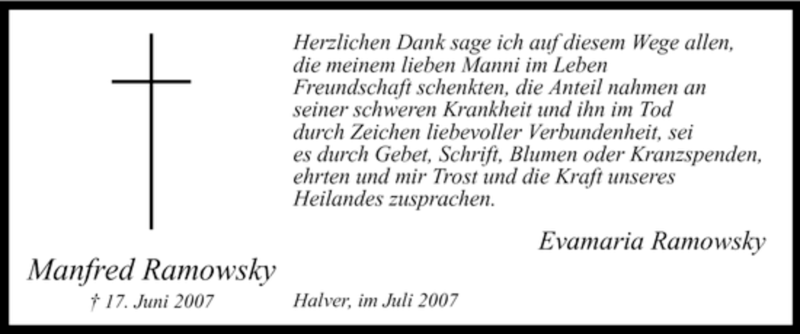  Traueranzeige für Manfred Ramowsky vom 14.07.2007 aus Tageszeitung