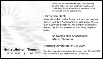 Traueranzeige von Heinz Tiemann von Tageszeitung
