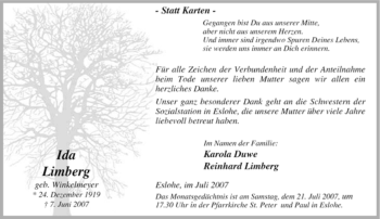 Traueranzeige von Ida Limberg von Tageszeitung