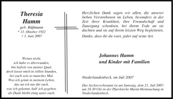 Traueranzeige von Theresia Hamm von Tageszeitung